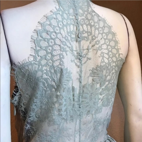 BEBE Metallic Teal Shadow Stripe Neck Halter Dress Crochet Lace Raceback NWT - Picture 2 of 9